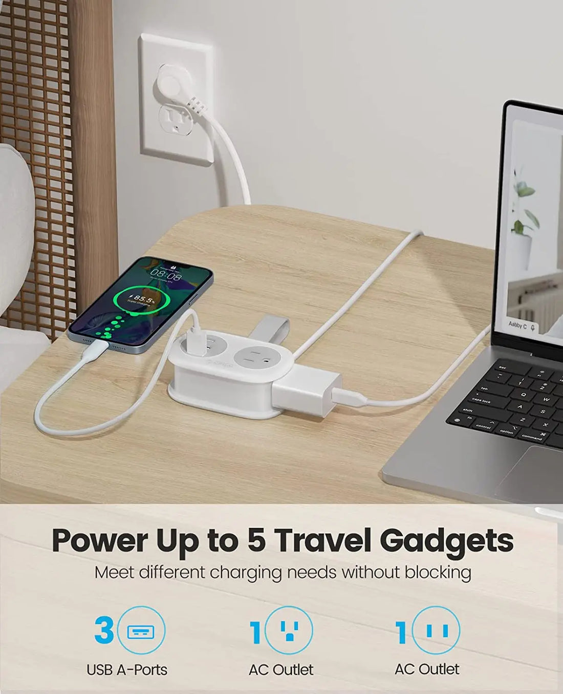 ORICO Multitap Electrical Power Strip 2 AC Outlets 2 USB Port 1 Type C Socket Extension Cord Fast Charging for Portable Travel
